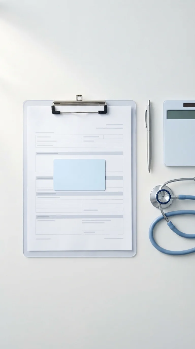 A health insurance card on a clipboard with a pen, calculator and stethoscope