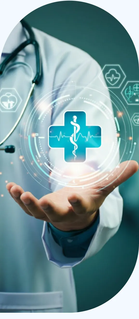 A provider holding a glowing medical cross hologram