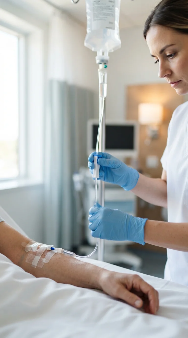 A nurse adjusting an IV line on a patient's arm